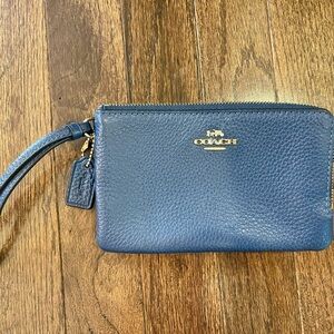 Coach Blue Pebbled Leather Wristlet with Gold Logo